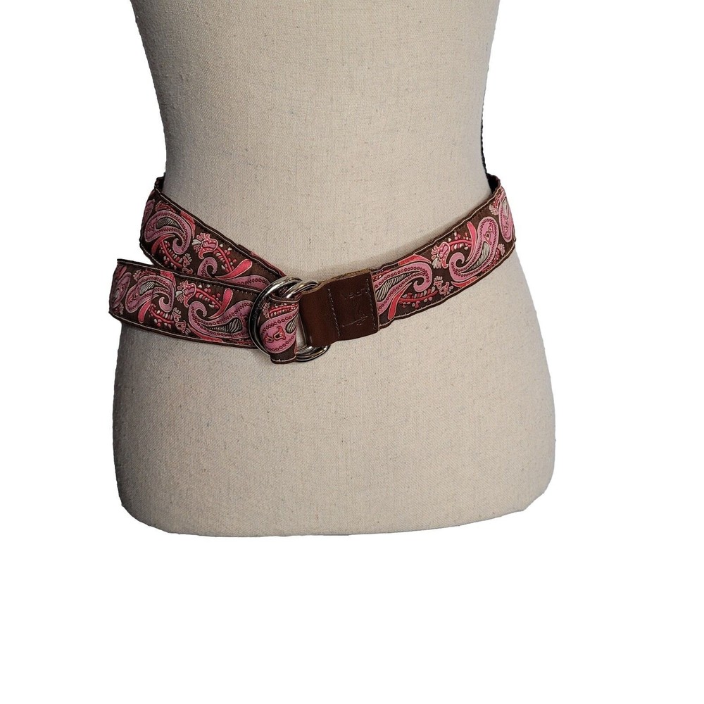 YRI Women's Pink Brown Paisley Ribbon LPGA Belt  Buckle Sz Small Preppy